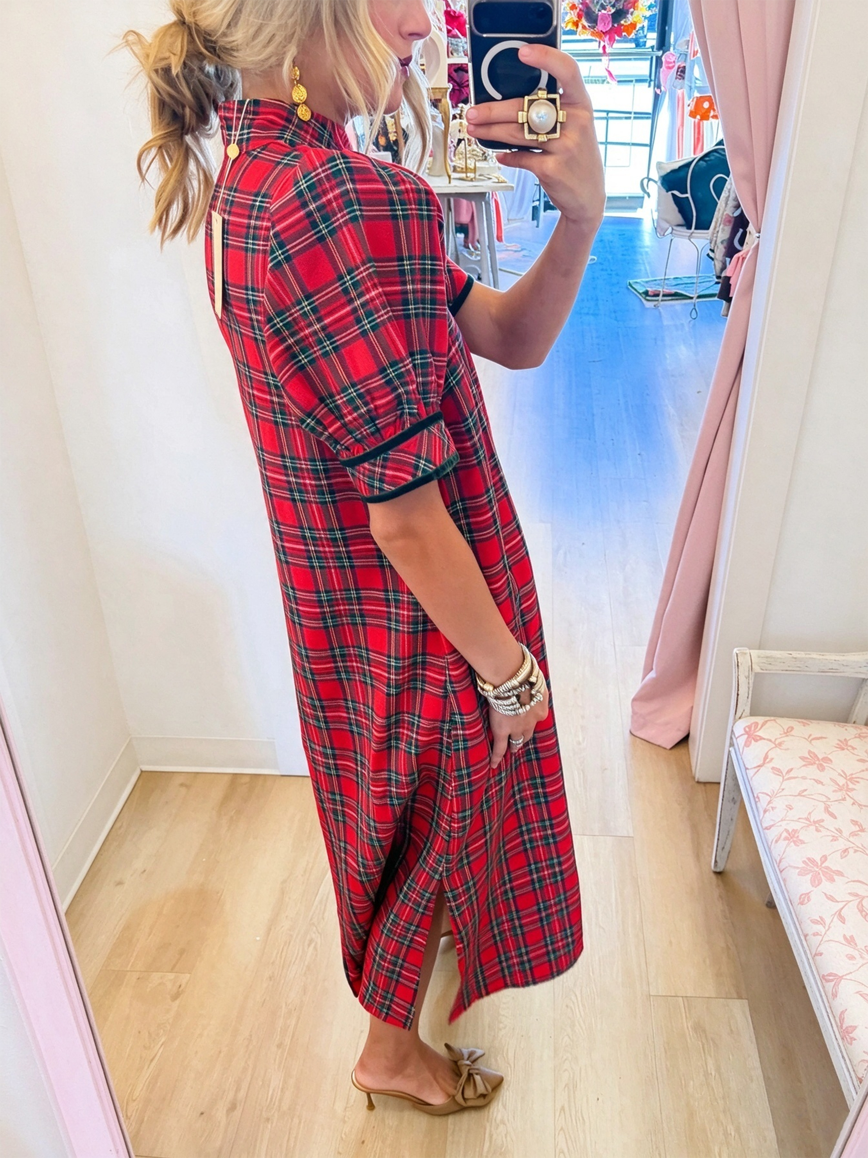 Red Plaid Mandarin Collar Puff Sleeve Midi Dress with Black Floral Frog Closures Detail