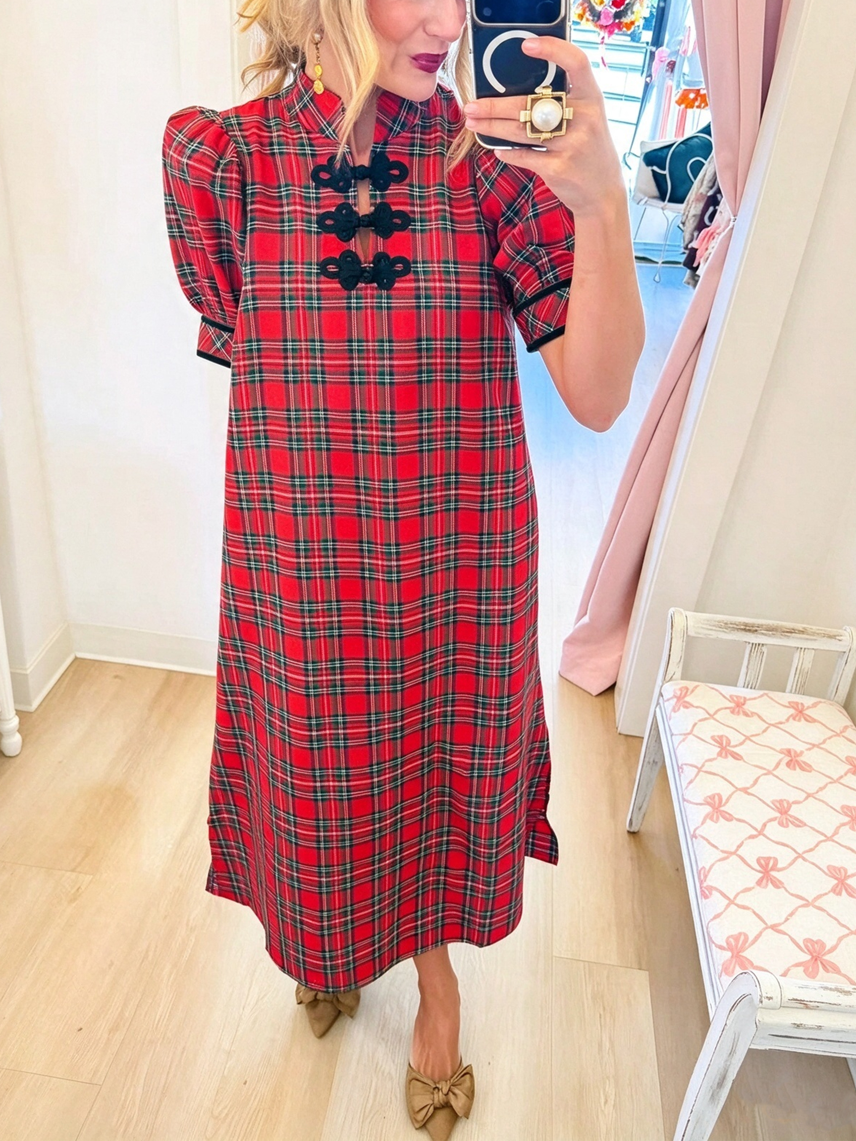 Red Plaid Mandarin Collar Puff Sleeve Midi Dress with Black Floral Frog Closures Detail