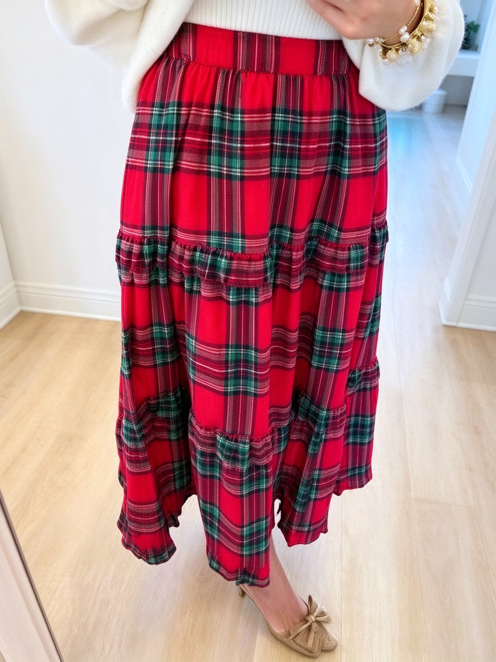 Festive Holiday Plaid Tiered Midi Skirt