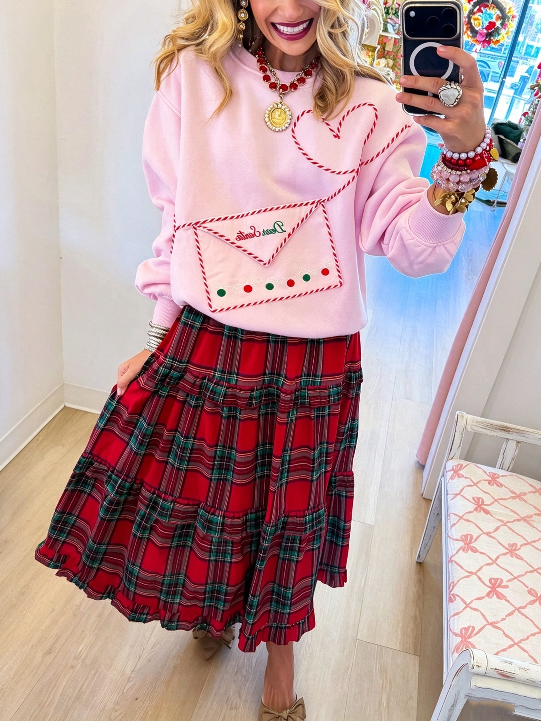 Festive Holiday Plaid Tiered Midi Skirt