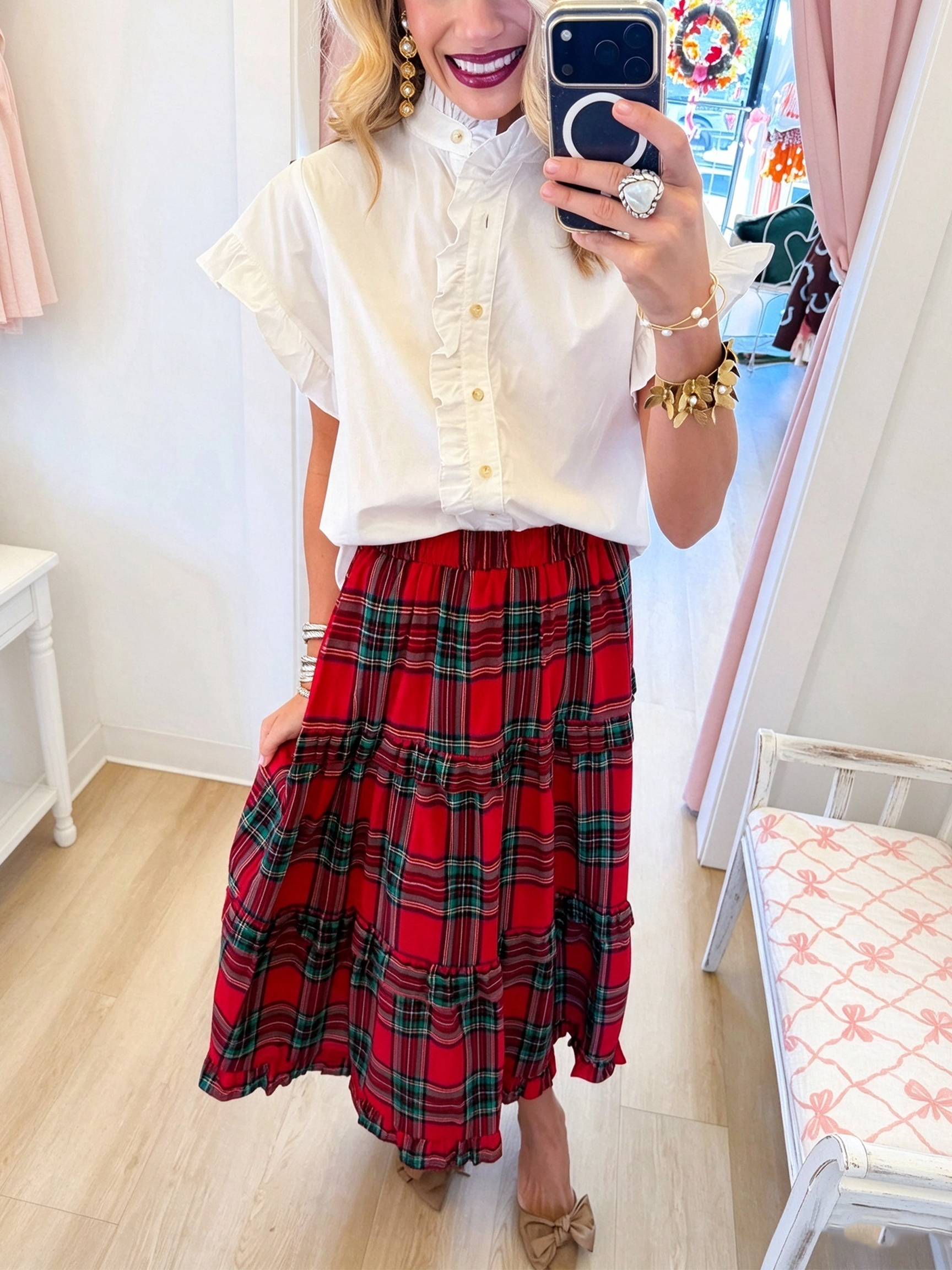 Festive Holiday Plaid Tiered Midi Skirt