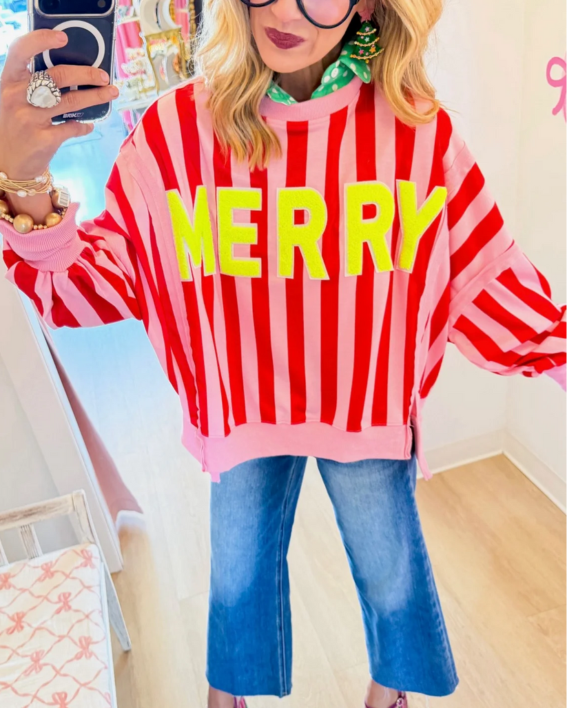 Merry Festive Striped Knit Sweatshirt