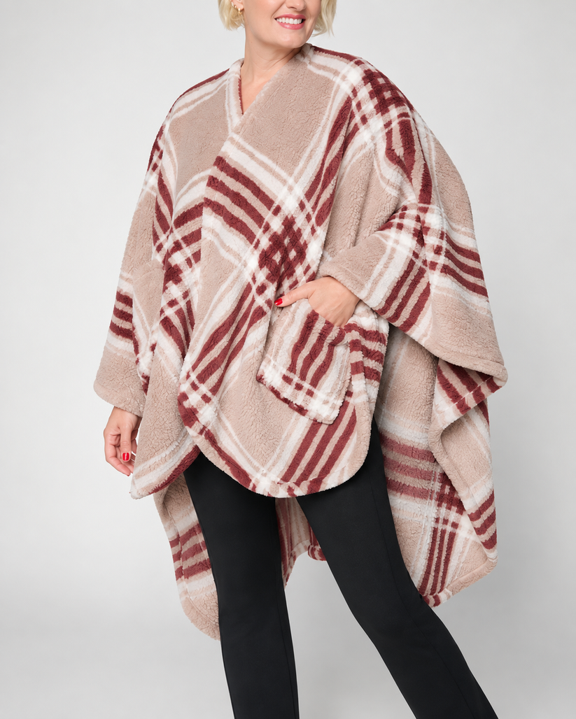 Women's Plaid Wearable Blanket Poncho with Pockets