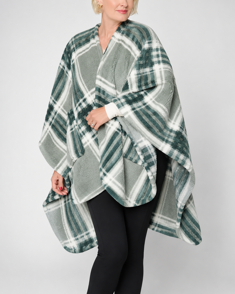 Women's Plaid Wearable Blanket Poncho with Pockets