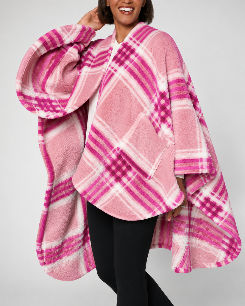 Women's Plaid Wearable Blanket Poncho with Pockets
