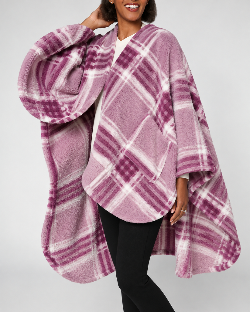 Women's Plaid Wearable Blanket Poncho with Pockets