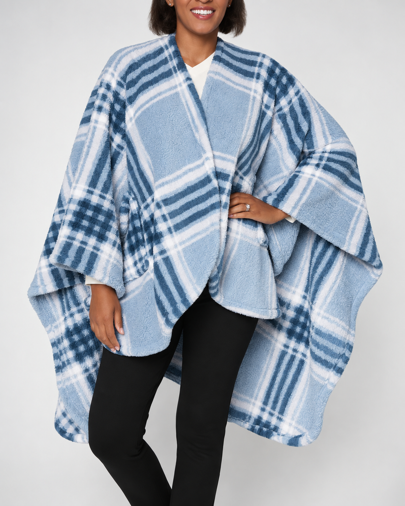 Women's Plaid Wearable Blanket Poncho with Pockets