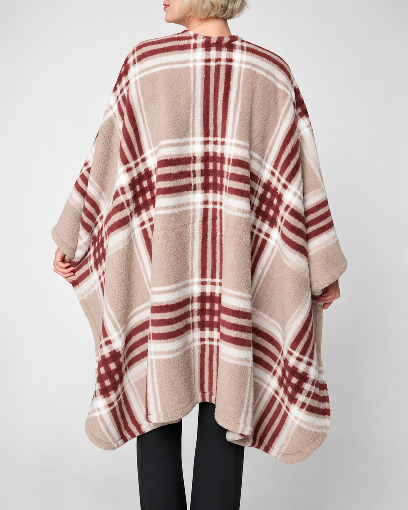 Women's Plaid Wearable Blanket Poncho with Pockets