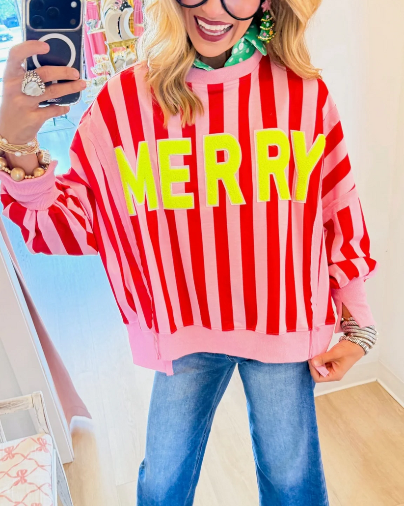 Merry Festive Striped Knit Sweatshirt