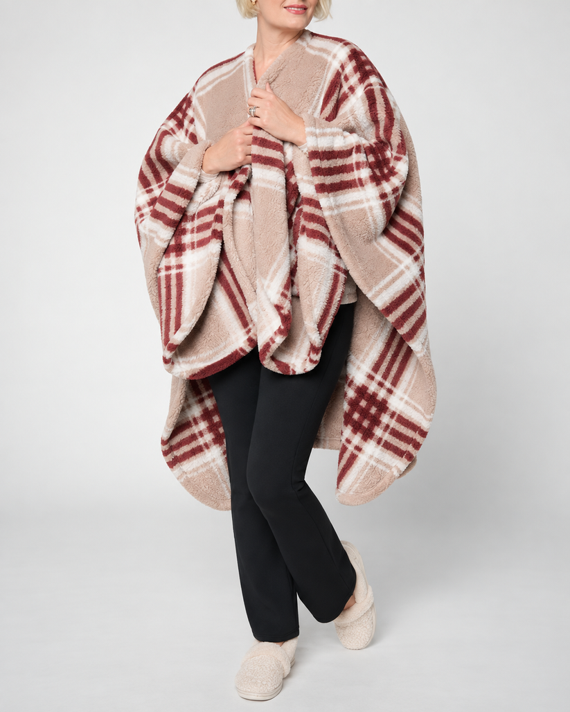 Women's Plaid Wearable Blanket Poncho with Pockets