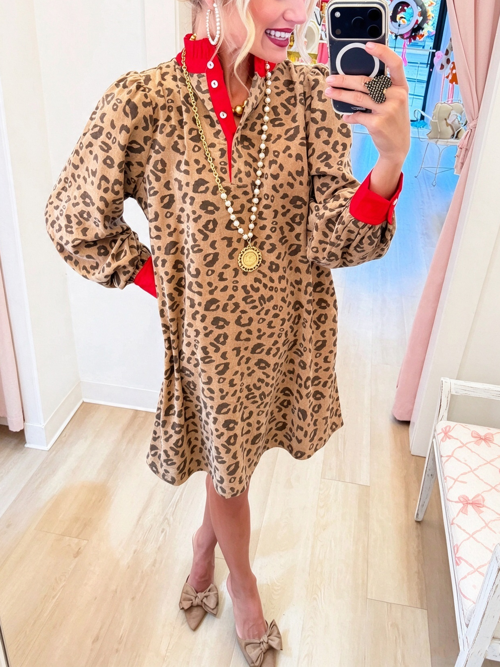 Chic Leopard Velvet Dress with Red Contrast Collar