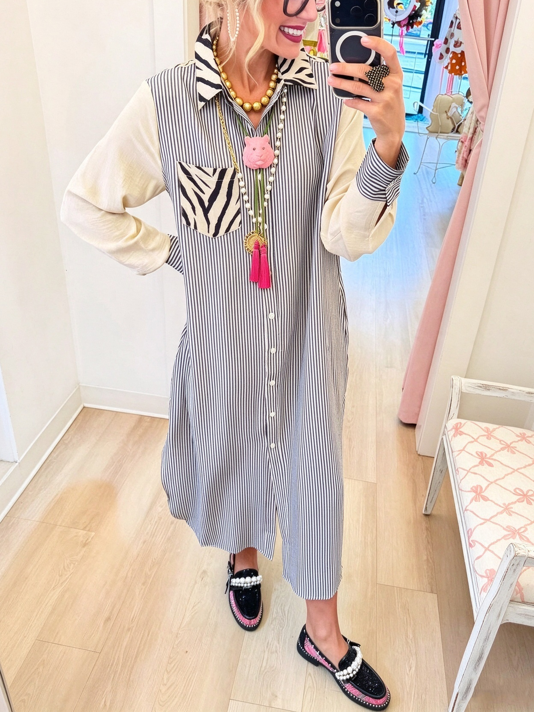 Eclectic Mixed-Print Button-Down Midi Shirt Dress