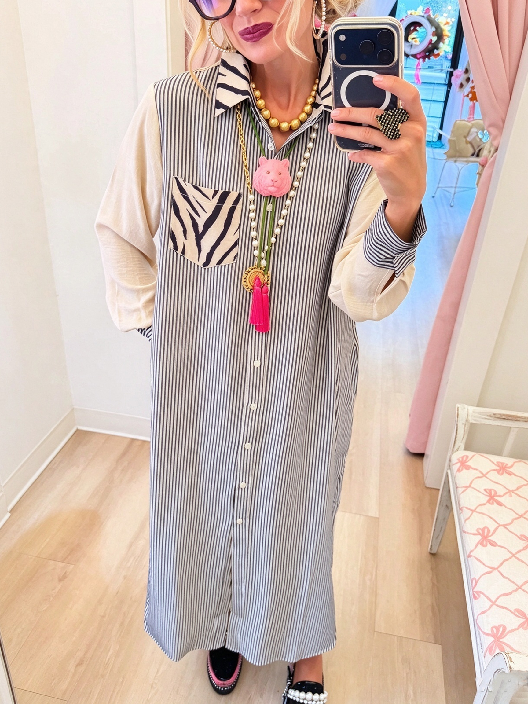 Eclectic Mixed-Print Button-Down Midi Shirt Dress