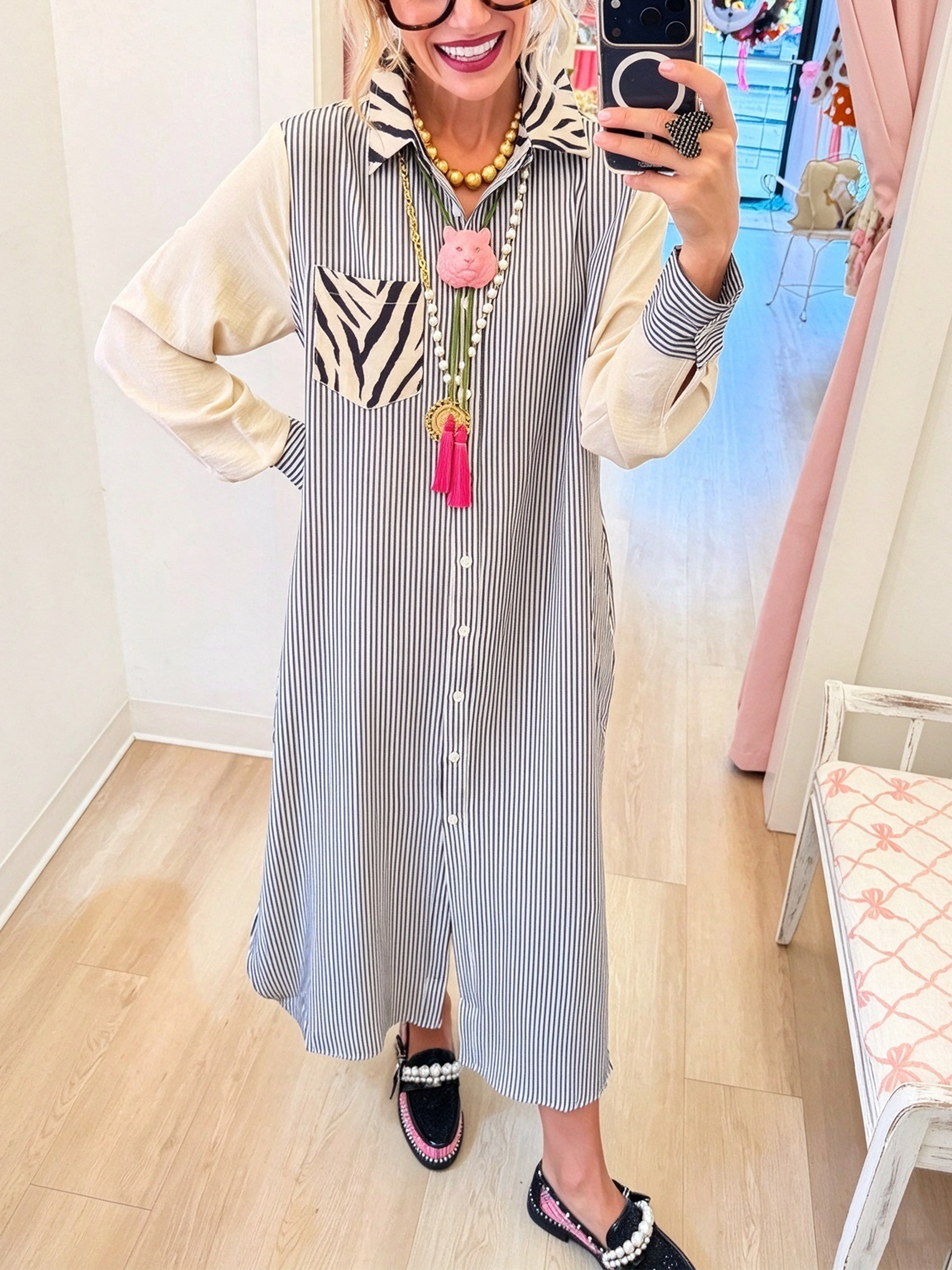Eclectic Mixed-Print Button-Down Midi Shirt Dress