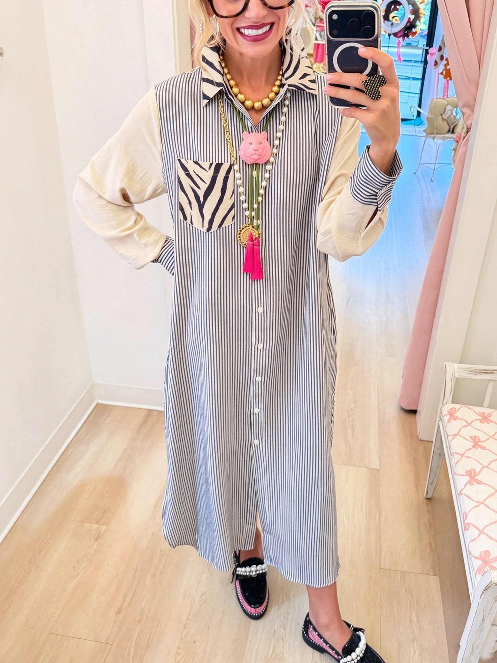 Eclectic Mixed-Print Button-Down Midi Shirt Dress
