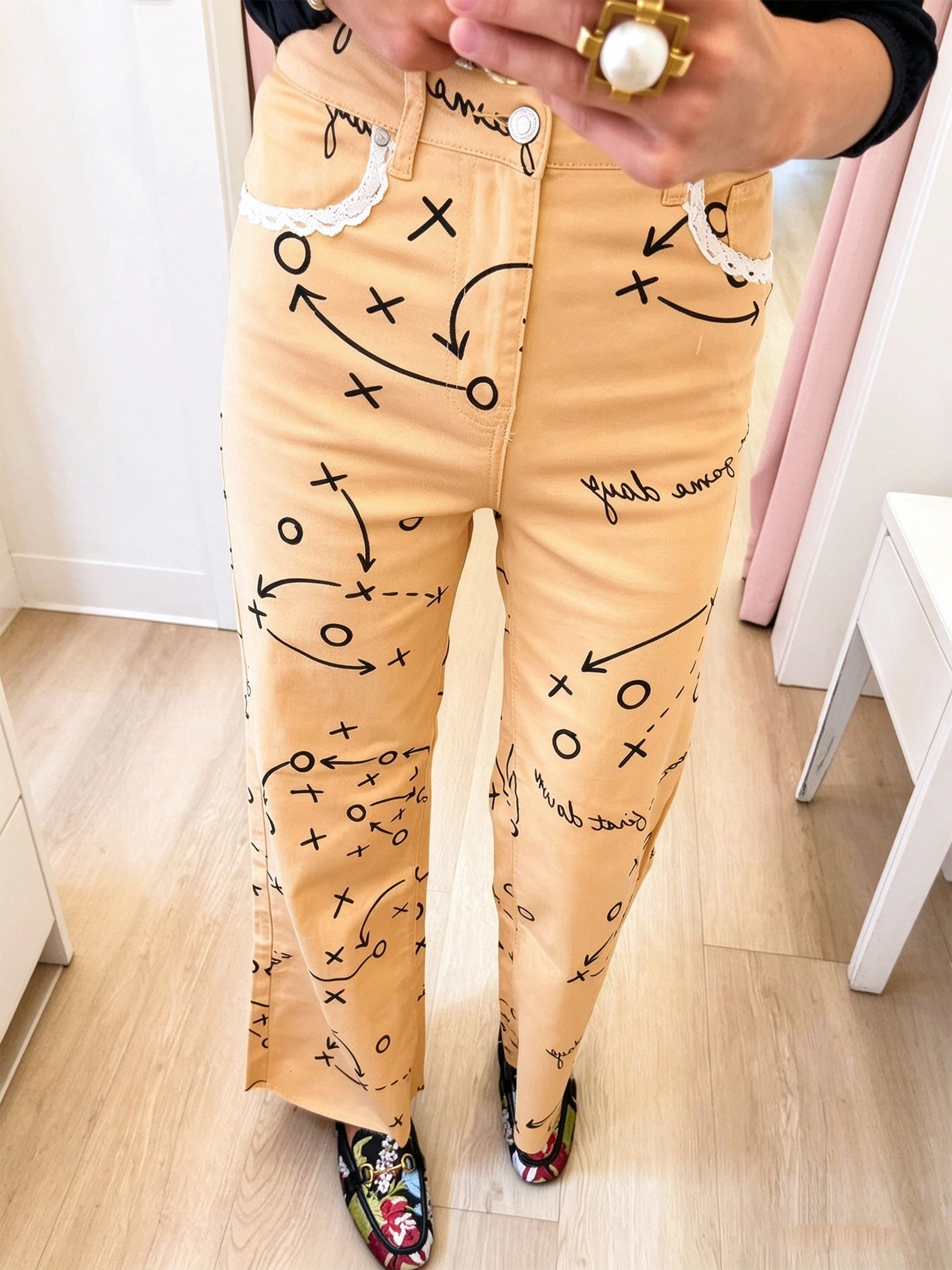 Women's Beige Printed Straight-Leg Trousers with Lace Pocket Trim