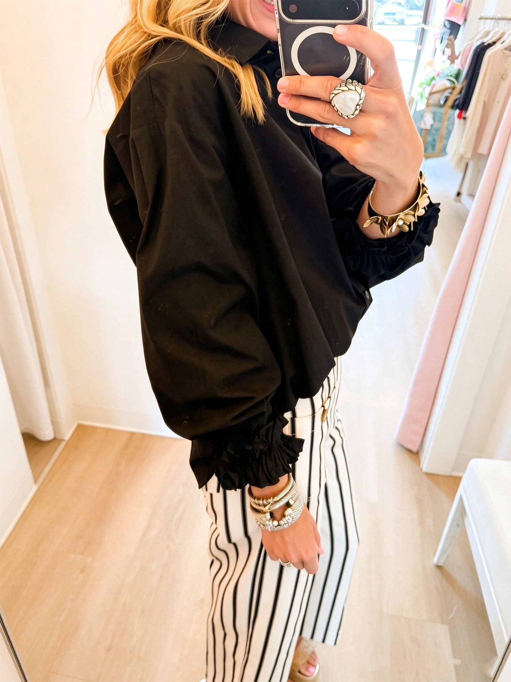 Elegant Black Woven Blouse with Ruffled Bishop Sleeves