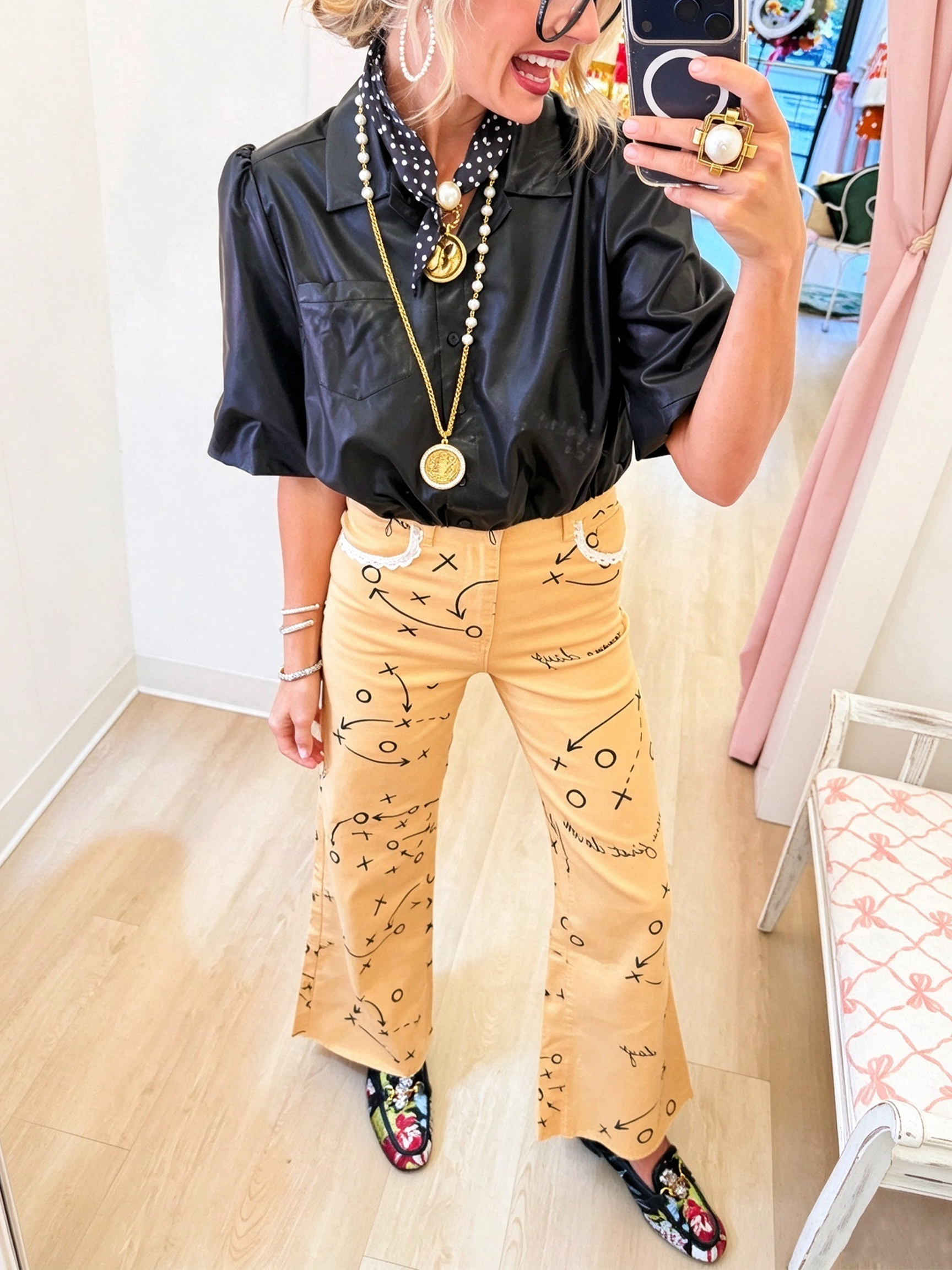 Women's Beige Printed Straight-Leg Trousers with Lace Pocket Trim