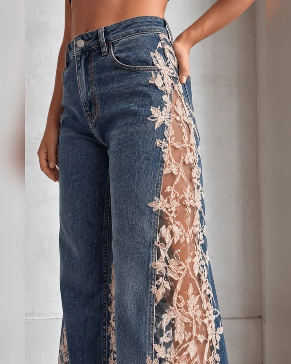 High-Rise Wide-Leg Jeans with Sheer Floral Lace Panels