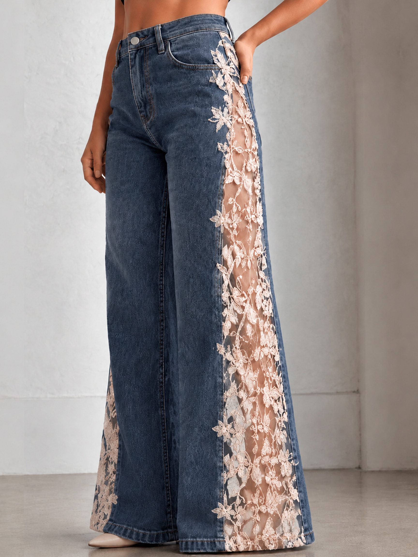 High-Rise Wide-Leg Jeans with Sheer Floral Lace Panels