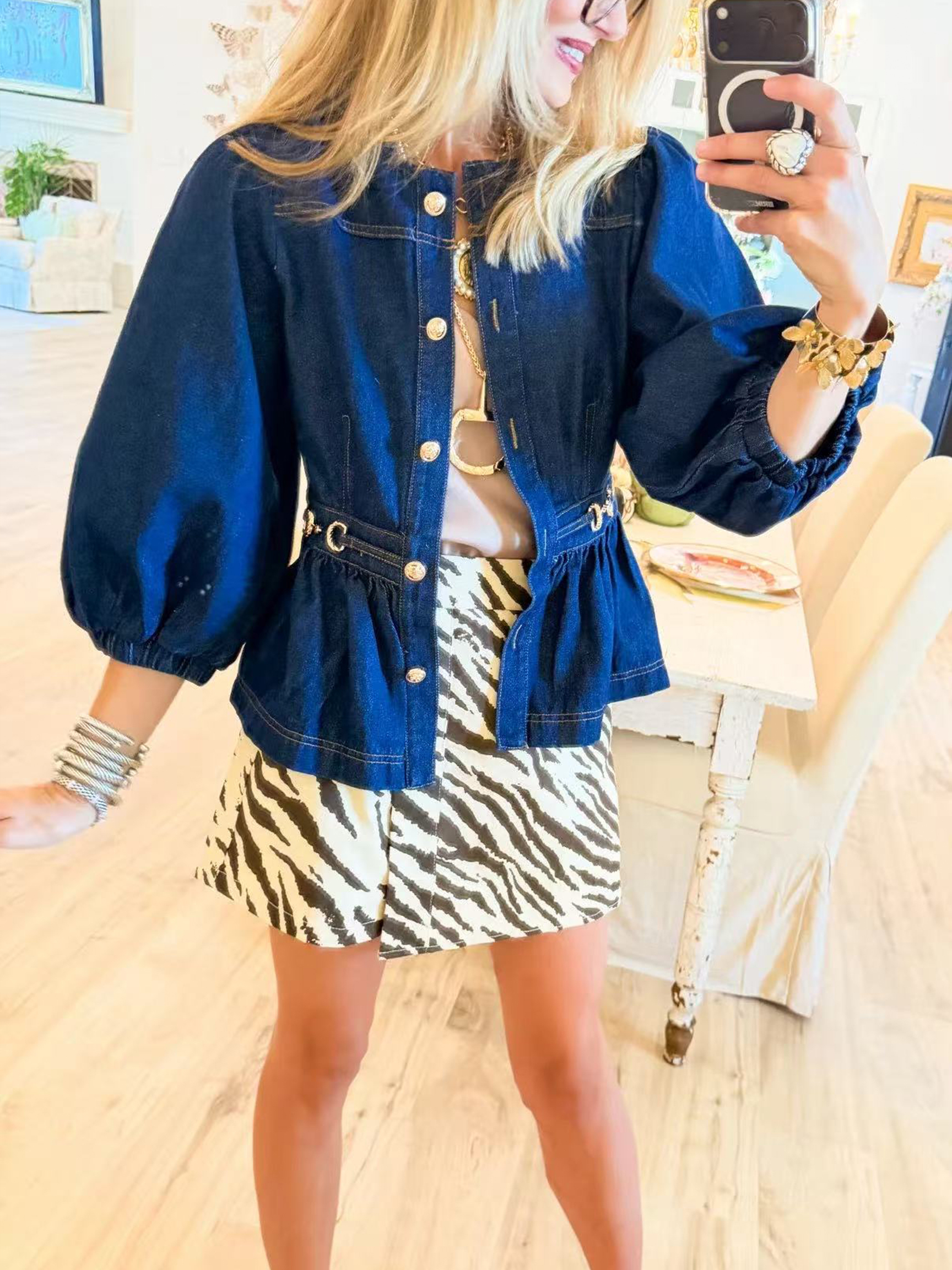 Women's Blue Denim Puff Sleeve Peplum Jacket