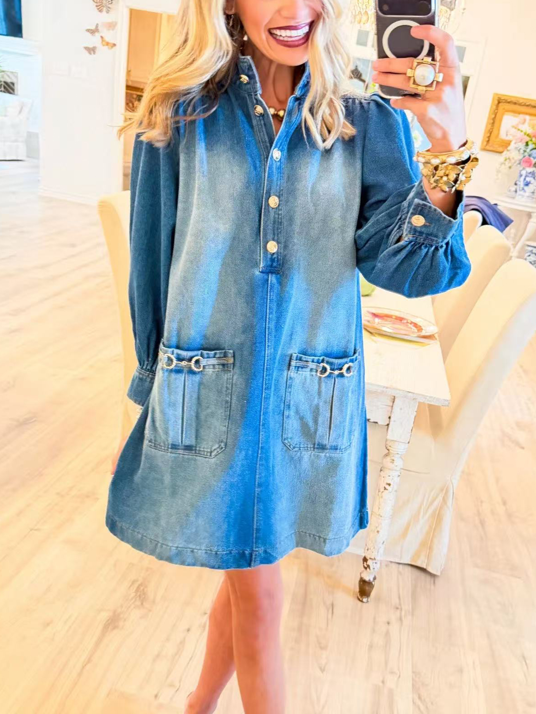 Vintage Blue Denim Button-Front Shirt Dress