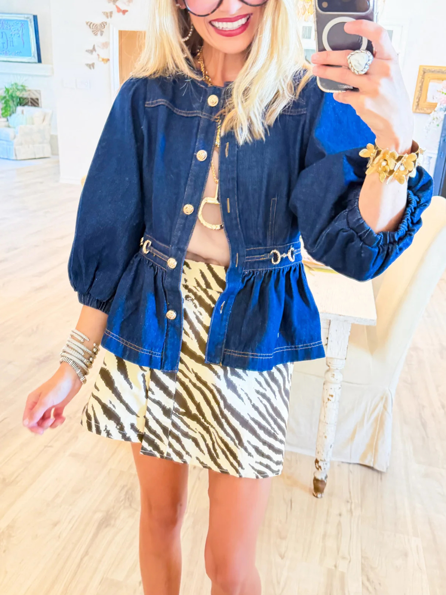 Women's Blue Denim Puff Sleeve Peplum Jacket