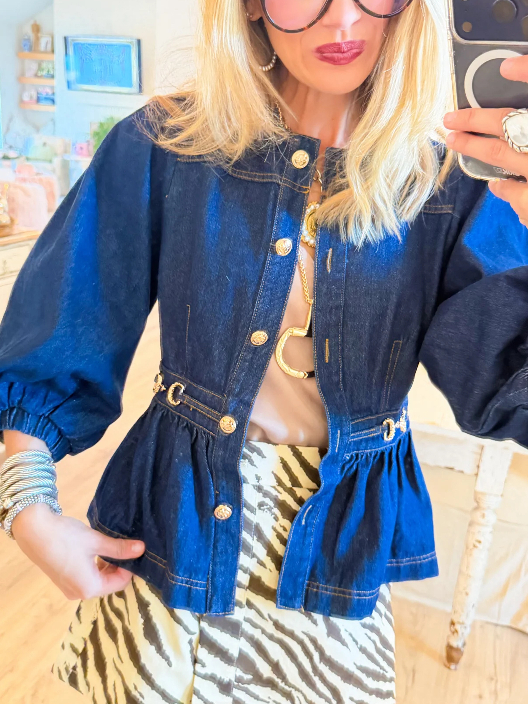Women's Blue Denim Puff Sleeve Peplum Jacket