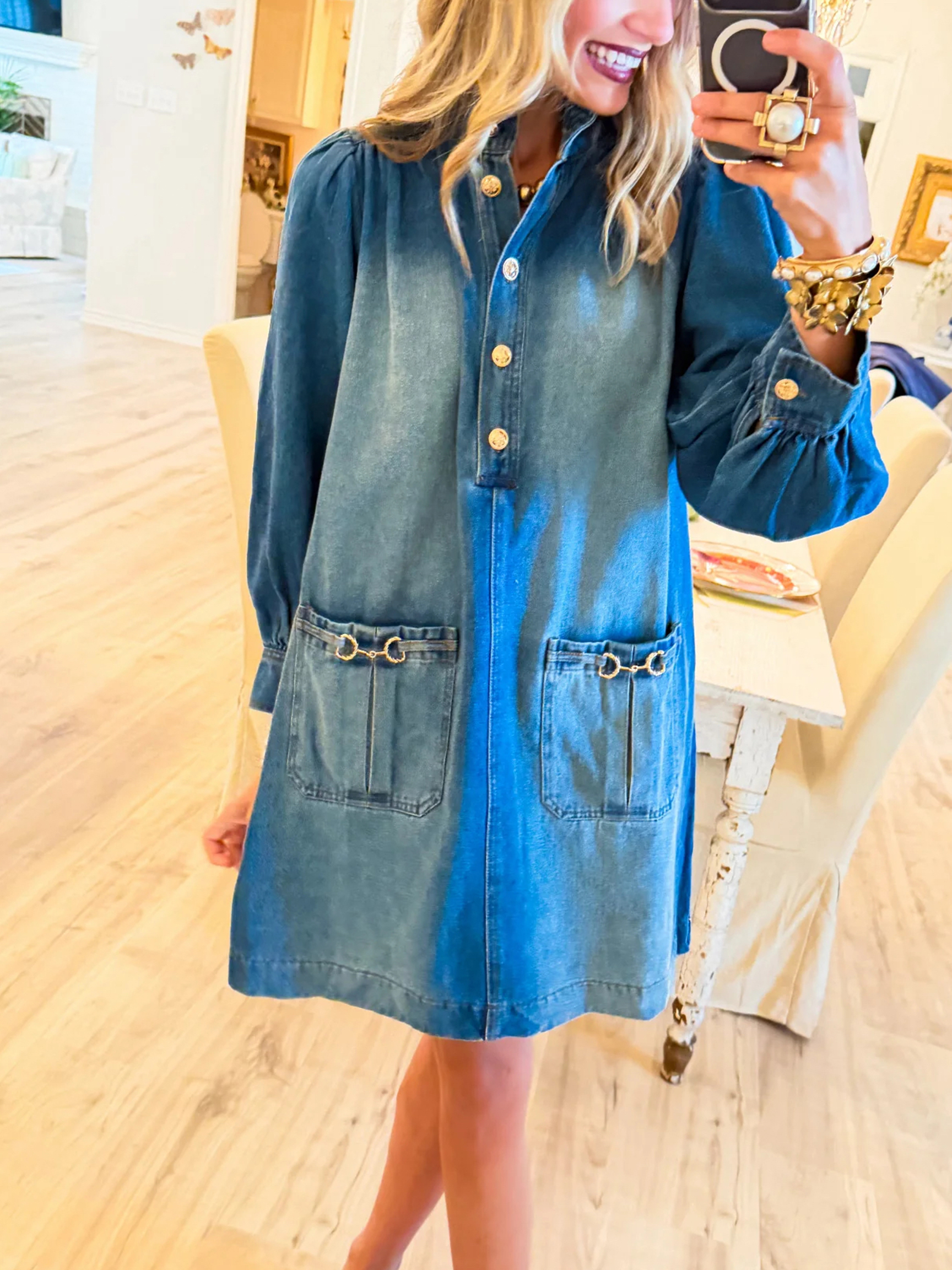 Vintage Blue Denim Button-Front Shirt Dress