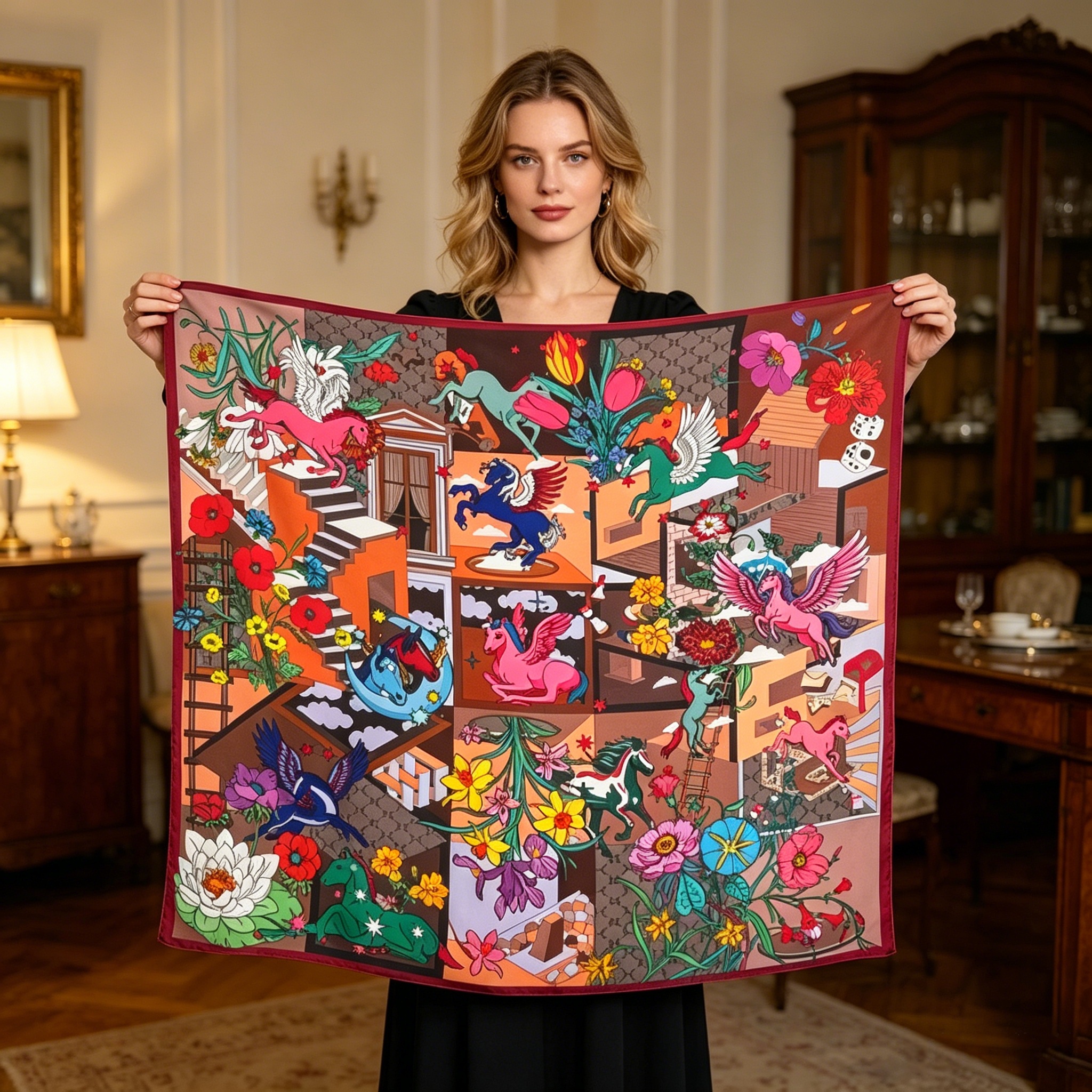 Doulbe Side Printed Silk  Scarf,LANKING TEX,Doulbe Side Printed Silk  Scarf