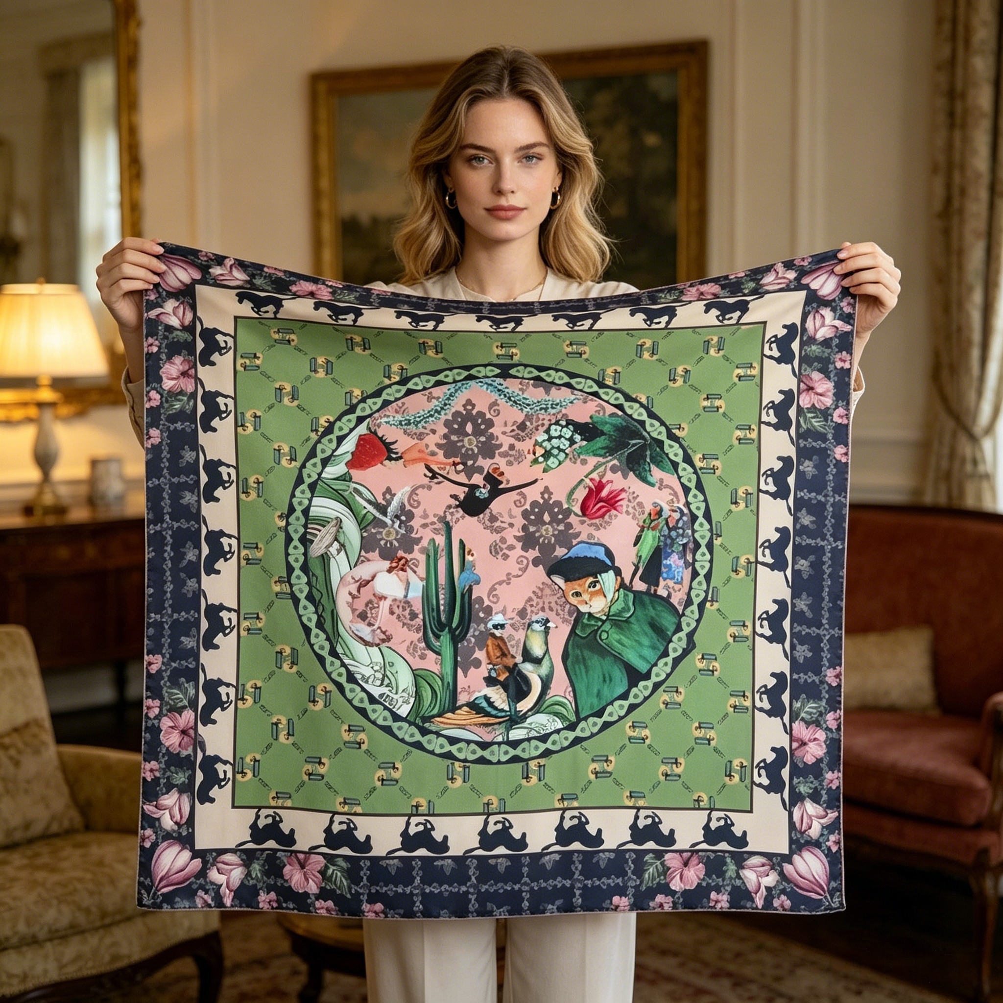 Doulbe Side Printed Silk  Scarf,LANKING TEX,Doulbe Side Printed Silk  Scarf