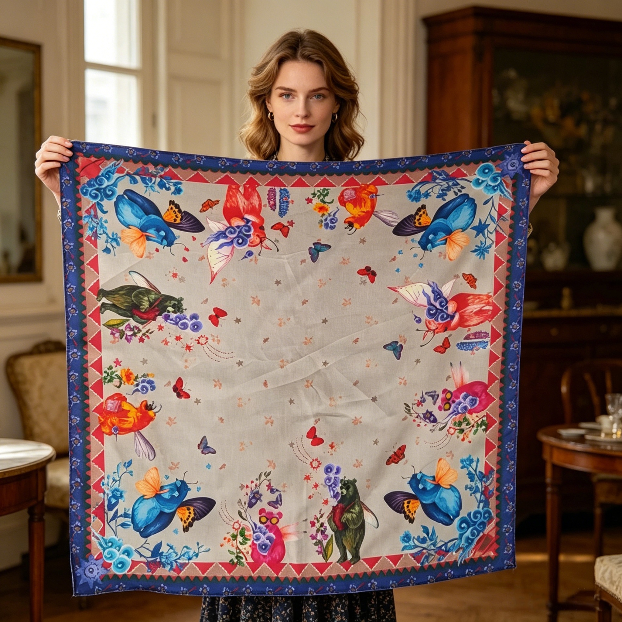 Doulbe Side Printed Silk  Scarf,LANKING TEX,Doulbe Side Printed Silk  Scarf