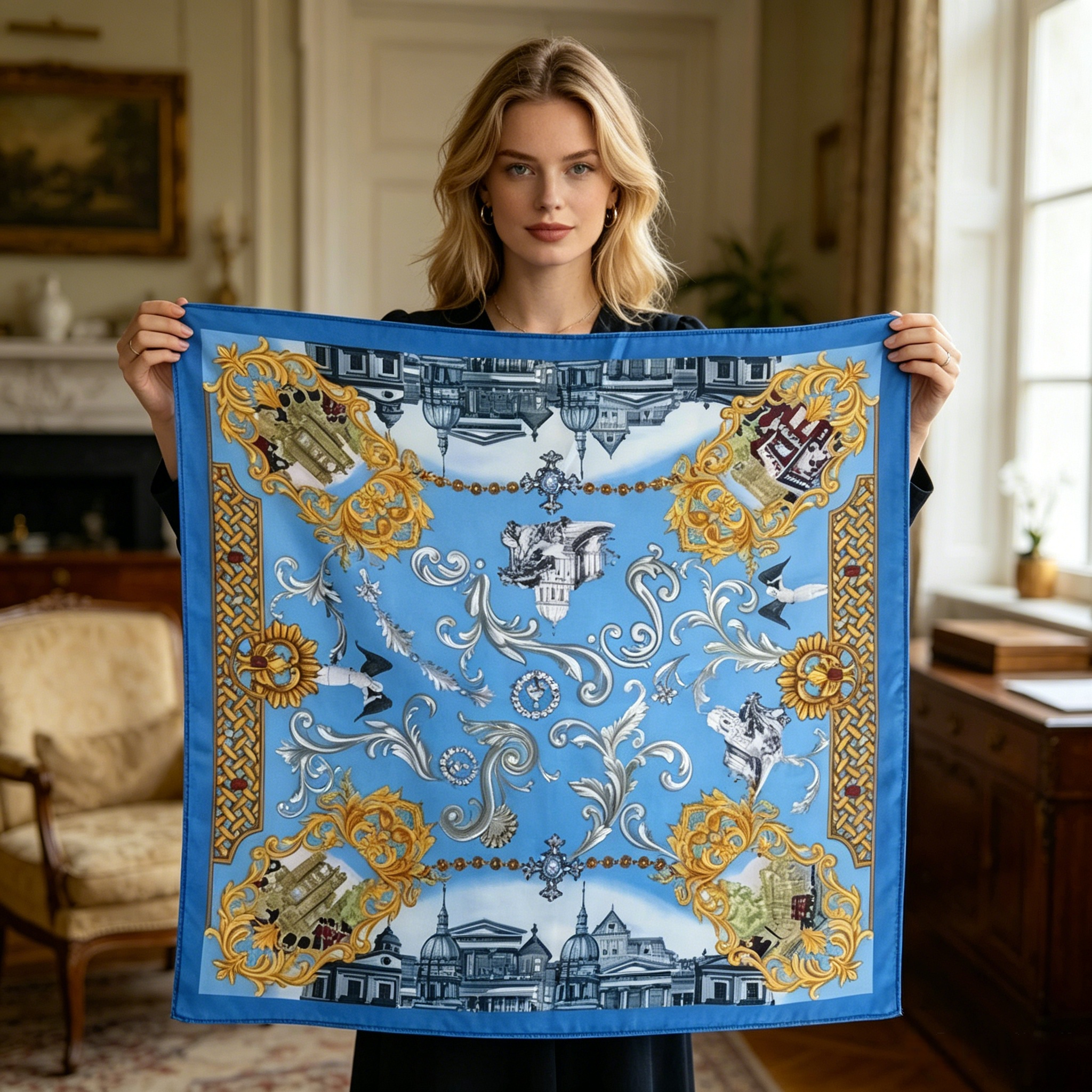 Doulbe Side Printed Silk  Scarf,LANKING TEX,Doulbe Side Printed Silk  Scarf