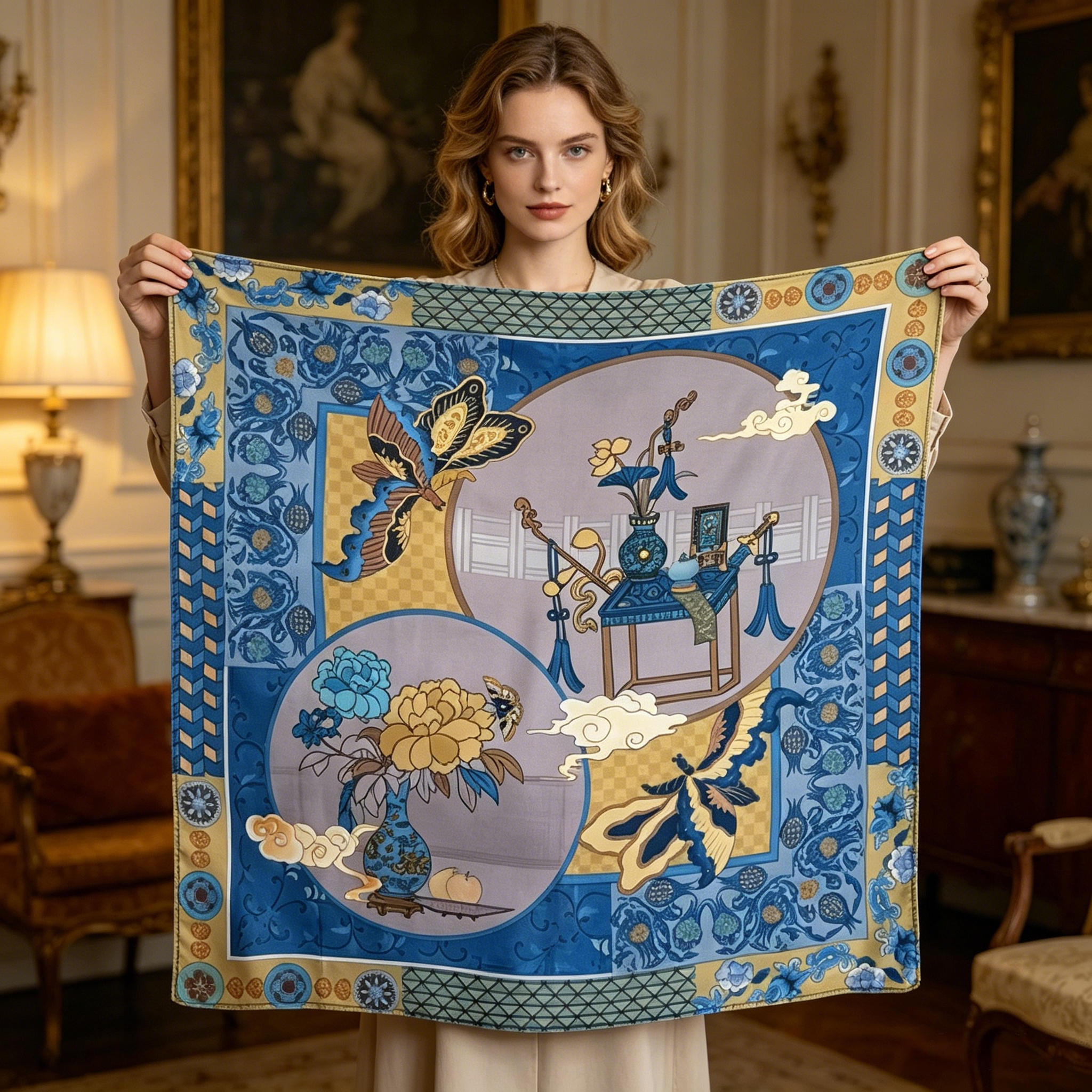 Doulbe Side Printed Silk  Scarf,LANKING TEX,Doulbe Side Printed Silk  Scarf