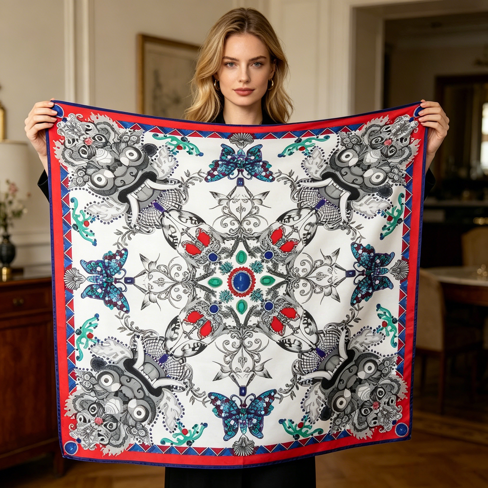 Doulbe Side Printed Silk  Scarf,LANKING TEX,Doulbe Side Printed Silk  Scarf