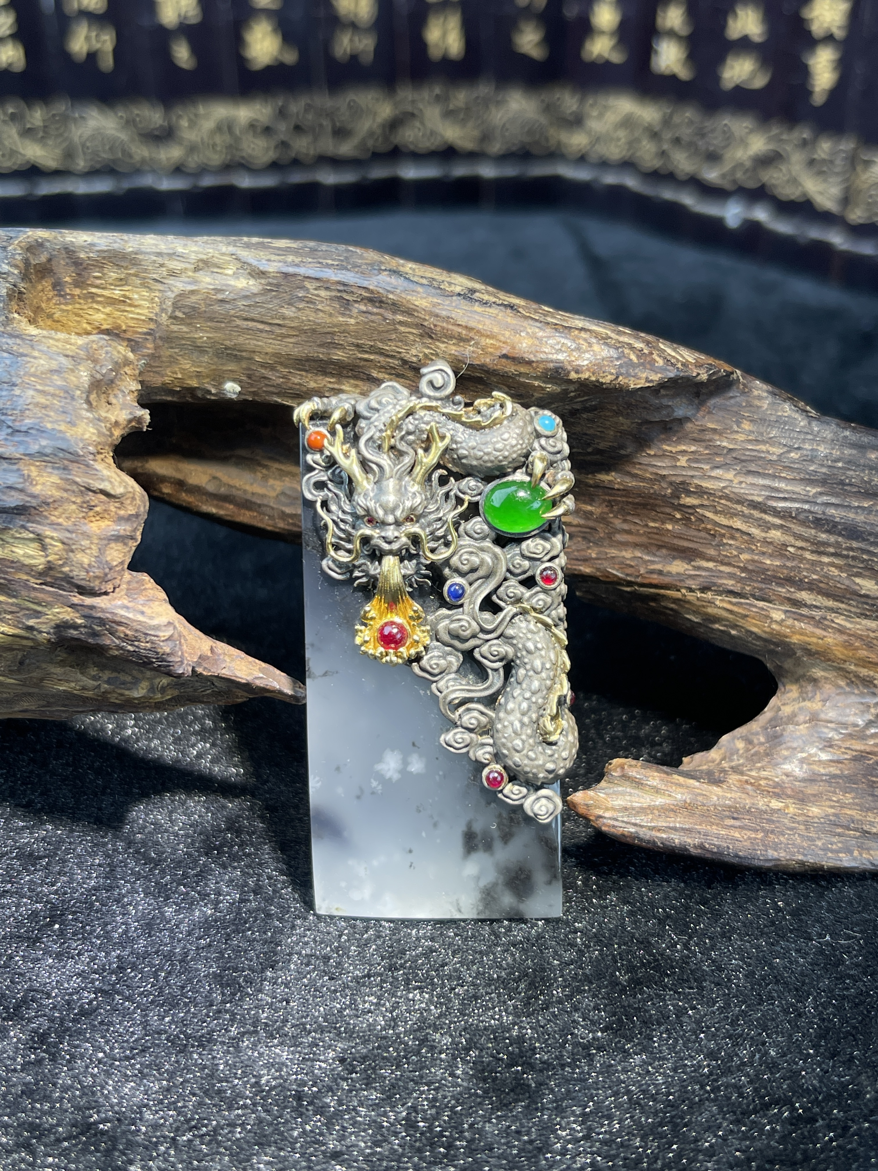 Ink and wash painting, silver inlaid Wolong jade square pendant---Wolong landscape