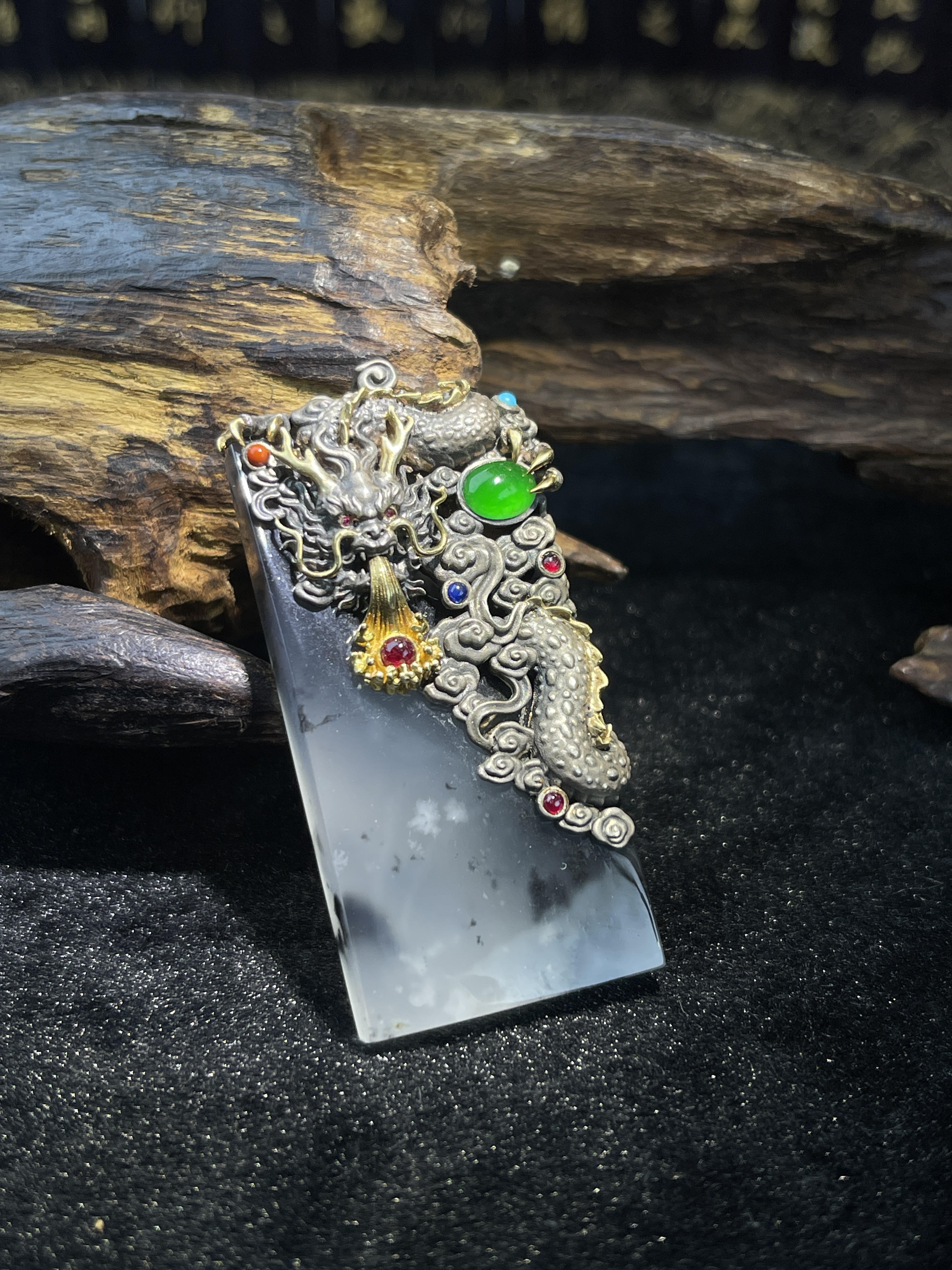 Ink and wash painting, silver inlaid Wolong jade square pendant---Wolong landscape