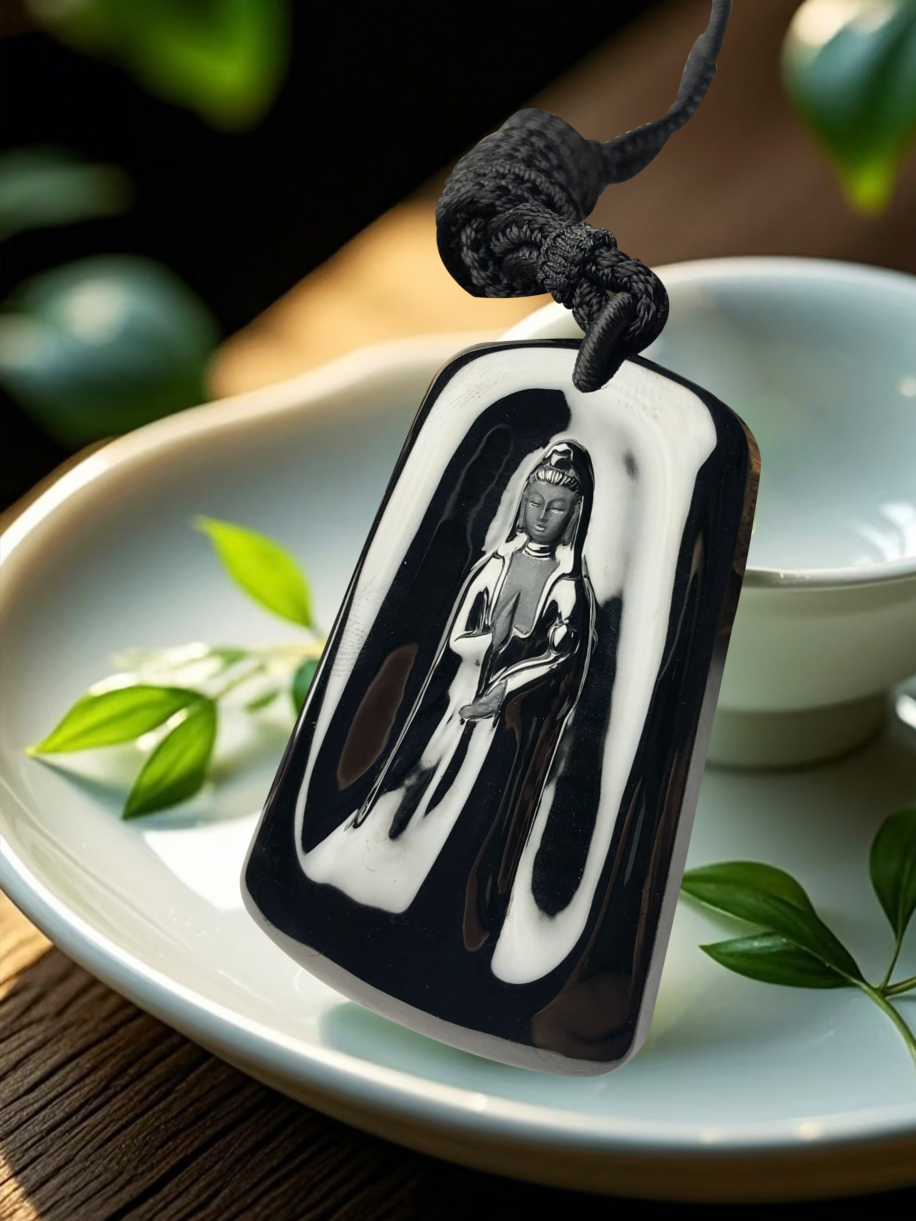 Black‑Jadeite Standing Guanyin Pendant