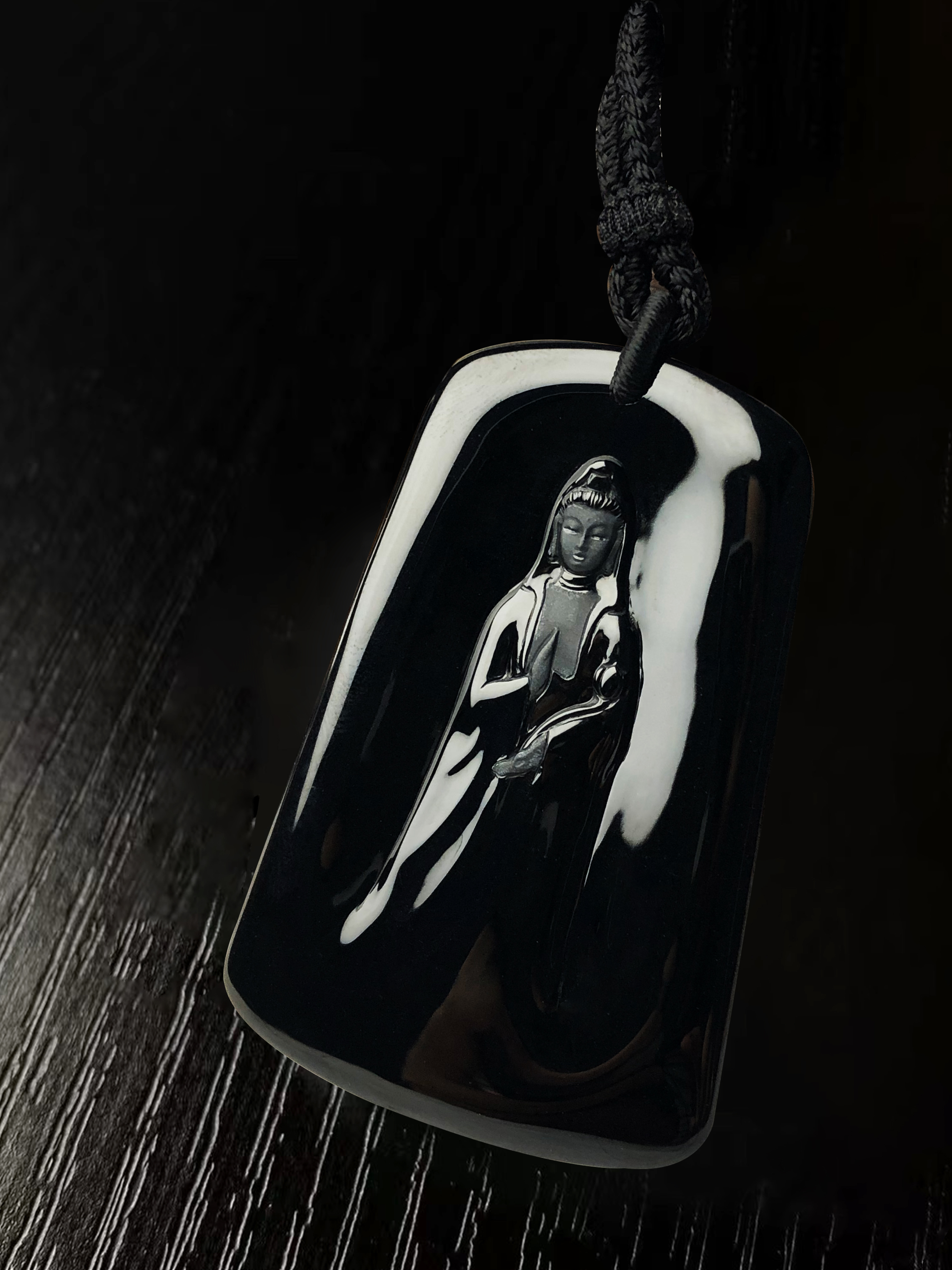 Black‑Jadeite Standing Guanyin Pendant