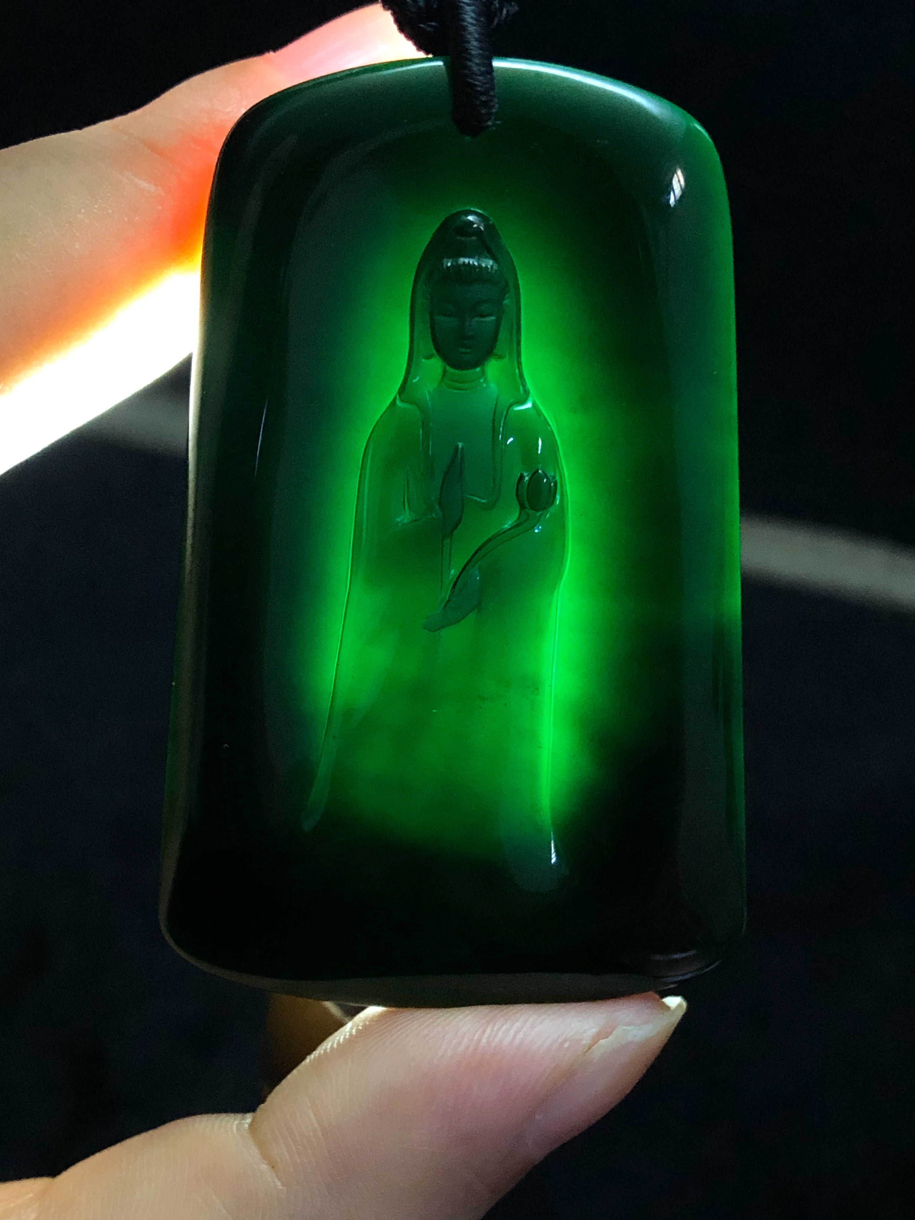 Black‑Jadeite Standing Guanyin Pendant