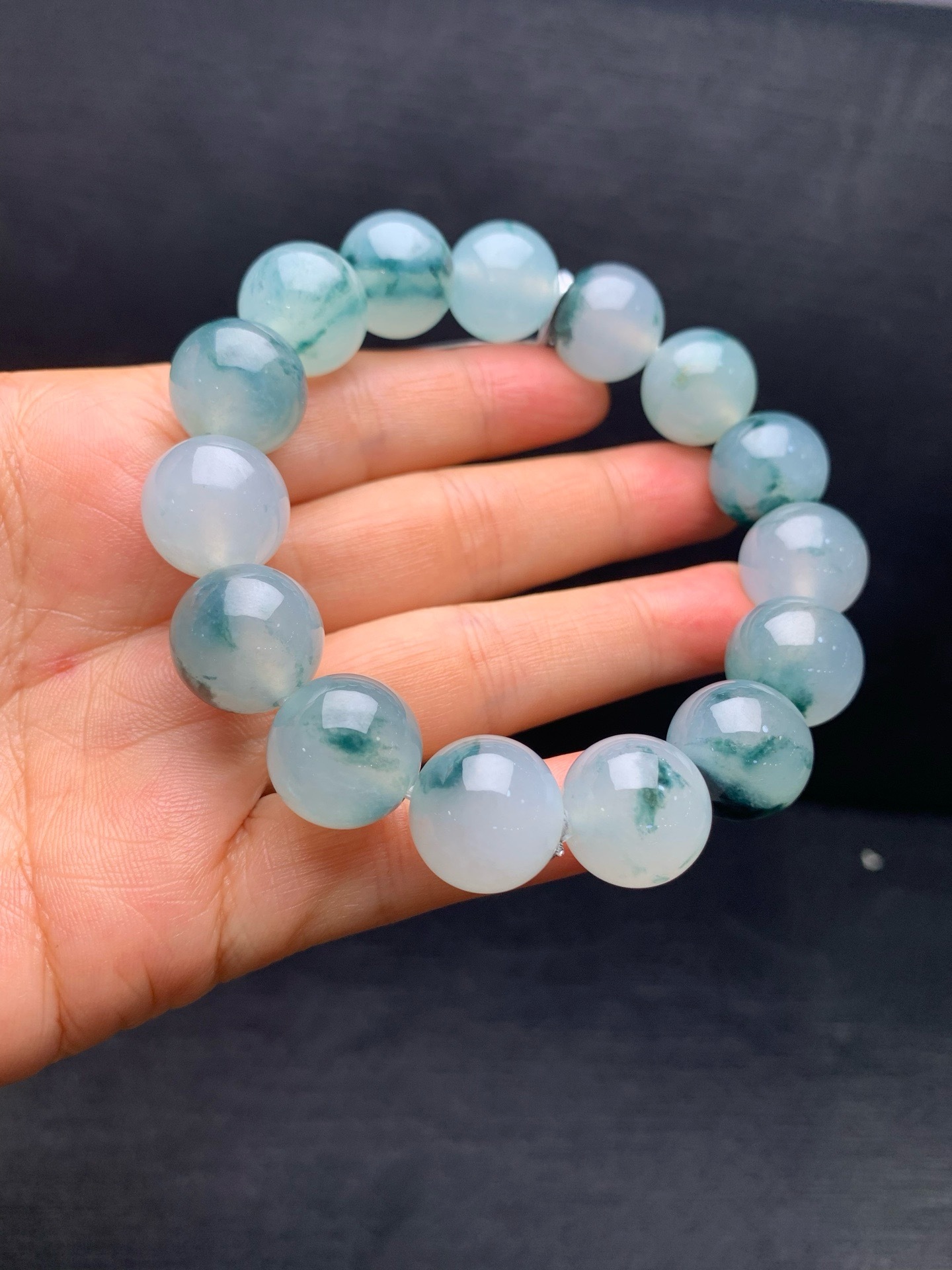 Large‑size icy jadeite bracelet with floating flowers-14.5mm