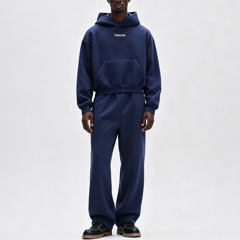 Men Cropped Hoodie Wide Leg Sweatpants Tracksuit Navy Heavyweight French Terry Letter Embroidery Streetwear Casual Two Piece Set
