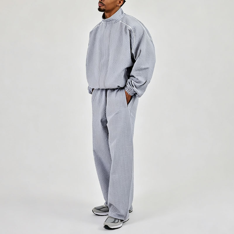 Custom Oversized Checked Nylon Funnel Neck Windbreaker Contrast Piping Relaxed Baggy Pant Casual Men's Streetwear Tracksuit