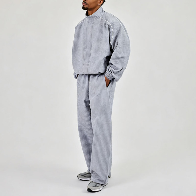Custom Oversized Checked Nylon Funnel Neck Windbreaker Contrast Piping Relaxed Baggy Pant Casual Men's Streetwear Tracksuit