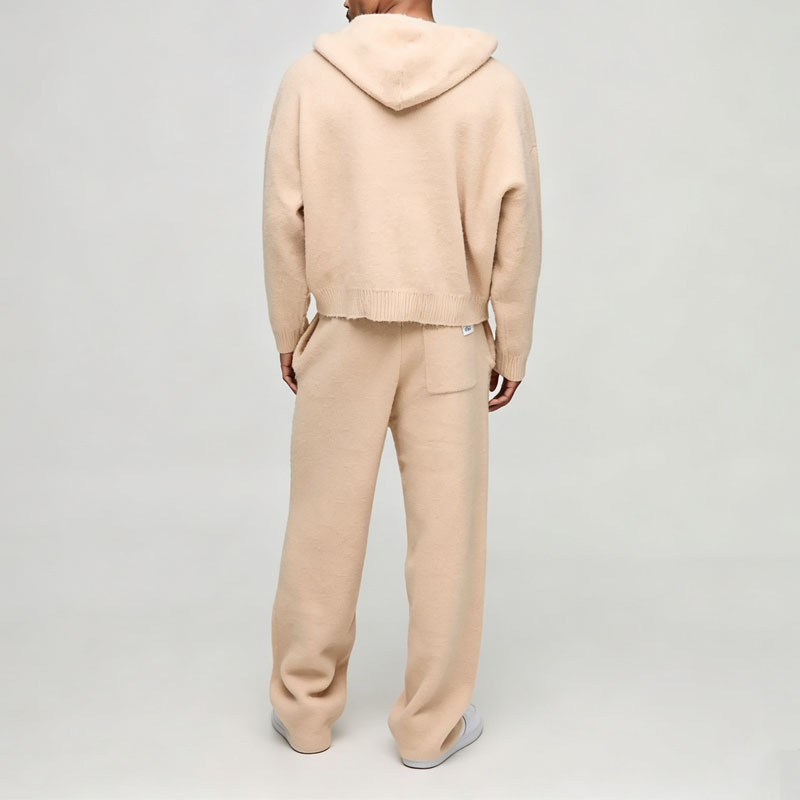 Custom Brushed Fleece Knit 100% Cotton 2 Pieces Boxy Fit Flared Jogger Pullover Hoodie Solid Winter Warm Men's Relaxed Tracksuit