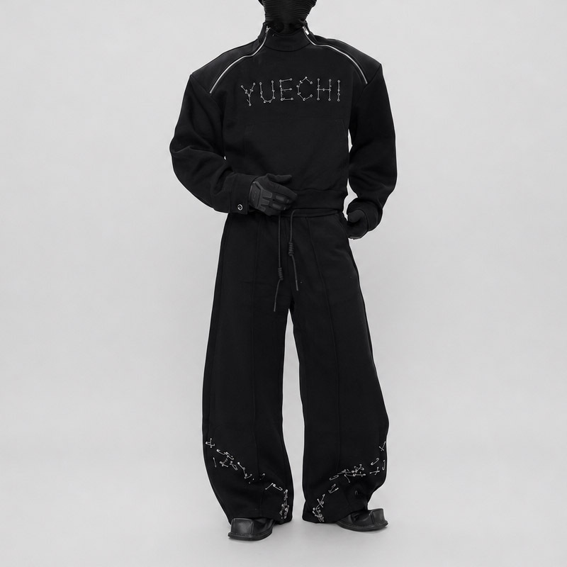 Custom Mens Techwear Edge 2 Piece Tracksuit Boxy Mock Neck Sweatshirt Wide Leg Pant 100% Cotton French Terry Matching Street