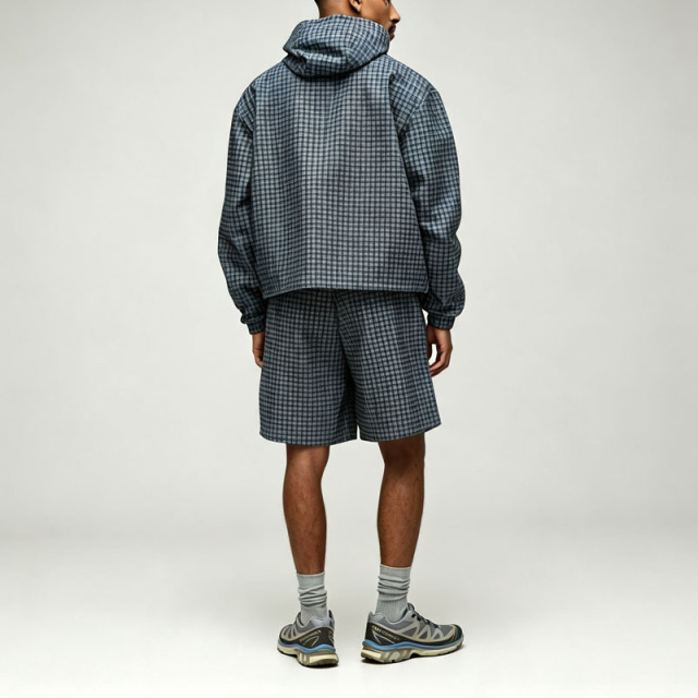 Custom Made Plaid Full Zip 2 Pieces Regular Fit Hooded Jacket Shorts Drawstring Grey Blue Cotton Men's Casual Lightweight