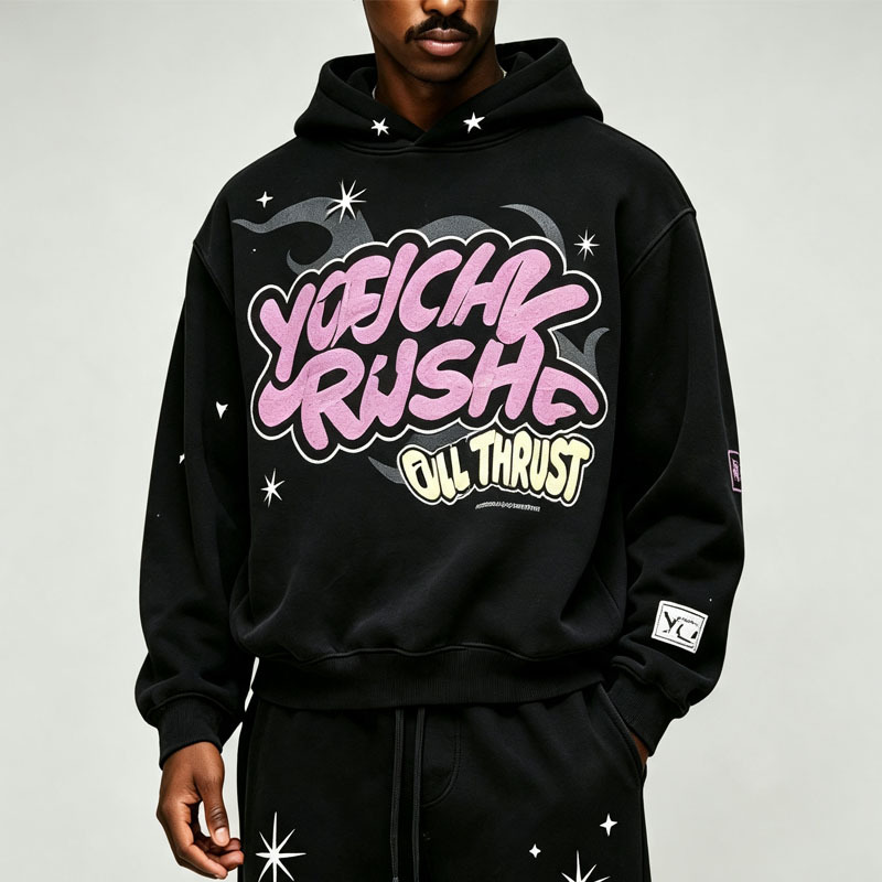 Custom Puff Screen Printing 2 Pieces Boxy Fit Baggy Wide Leg Black Cotton Fleece Urban Men's Graffiti Tracksuit Set