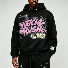 Custom Puff Screen Printing 2 Pieces Boxy Fit Baggy Wide Leg Black Cotton Fleece Urban Men's Graffiti Tracksuit Set