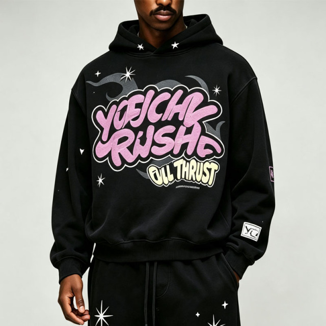 Custom Puff Screen Printing 2 Pieces Boxy Fit Baggy Wide Leg Black Cotton Fleece Urban Men's Graffiti Tracksuit Set